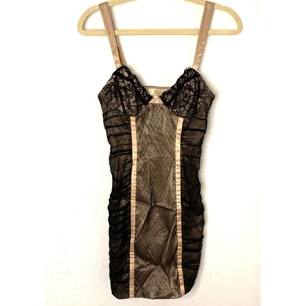 Guess Juniors 3 Black & Beige Satin Trim Lace-Detail Bodycon Y2K Mini Dress